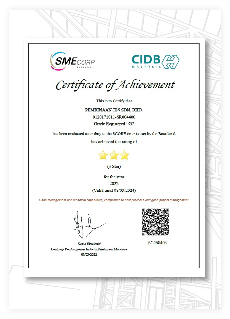 CIDB G7 Certificate of Achievement - Pembinaan JBS Sdn. Bhd.